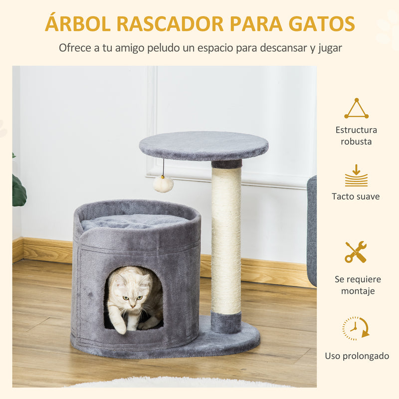 Árvore Arranhadora para Gatos Pequena Altura 59cm com Caverna de Pelúcia Suave Almofada Lavável Plataforma Poste de Sisal Natural e Bola de Brinquedo 55x36x59cm Cinza