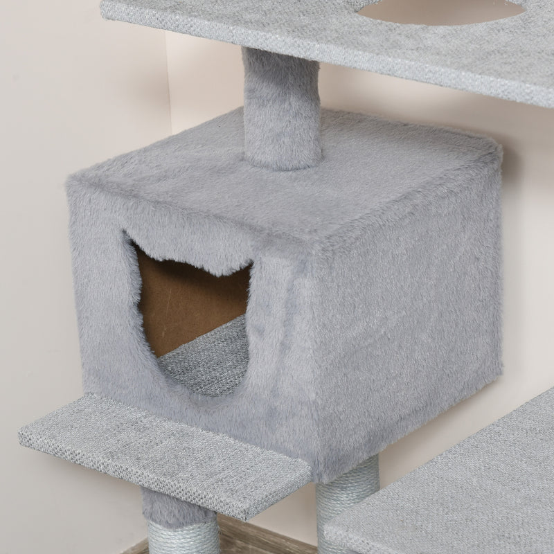 Árvore Arranhadora para Gatos Torre de Escalada com Plataformas Escada Caverna Postes de Juta e Bola Suspensa 60,5x40x124cm Cinza