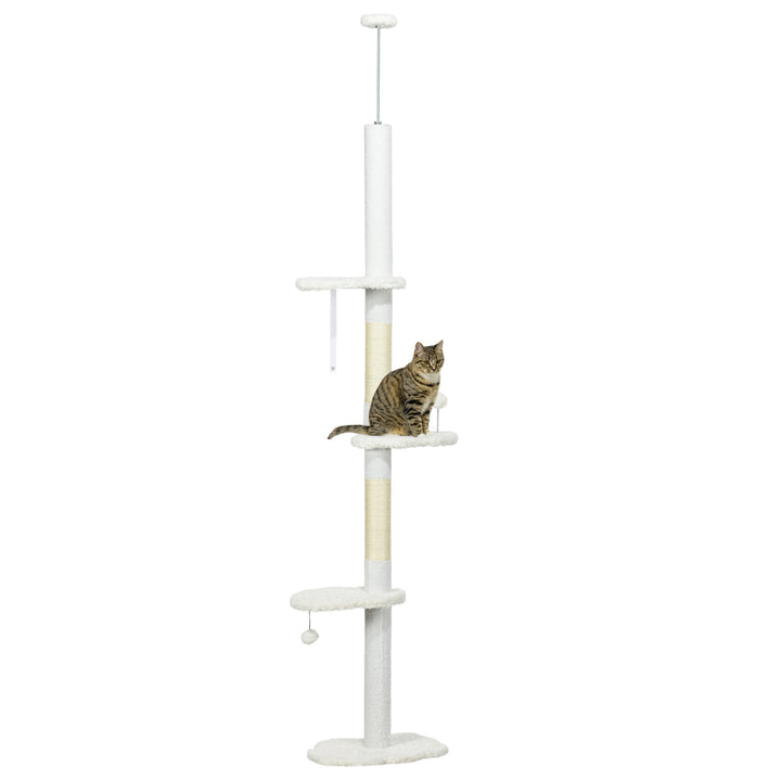 Arranhador para Gatos de 255 cm Torre para Gatos do Chão ao Teto com Altura Ajustável 3 Plataformas em Forma de Nuvem Poste de Arranhar e Bolas Suspensas 48x32x225-255 cm Branco