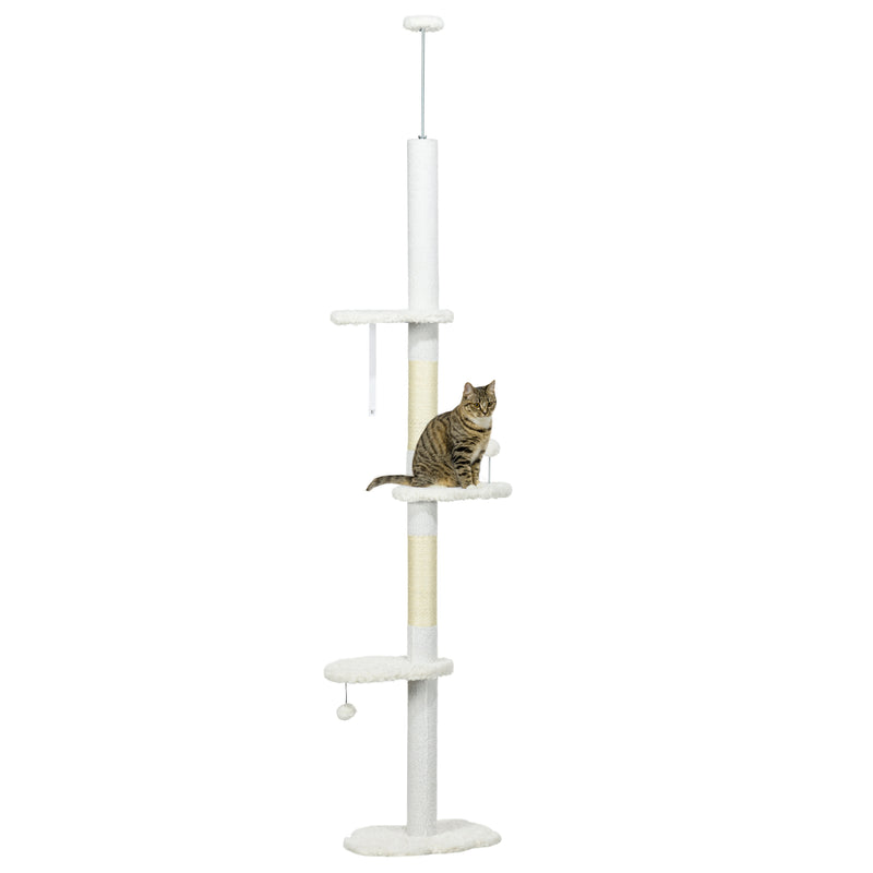 Arranhador para Gatos de 255 cm Torre para Gatos do Chão ao Teto com Altura Ajustável 3 Plataformas em Forma de Nuvem Poste de Arranhar e Bolas Suspensas 48x32x225-255 cm Branco