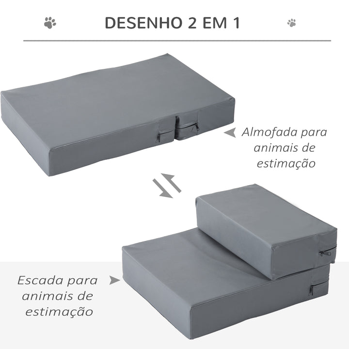 Escada para Animais de Estimação de 2 Degraus 2 em 1 Cama para Cães Gatos Estofada em PU Removível e Lavável com Zíper 45x39x20cm Cinza