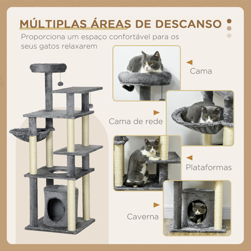 Arranhador para Gatos Grande 144 cm Torre para Gatos com Poste de Arranhar de Sisal Cama Caverna Plataformas e Bolas Suspensas 49x49x144 cm Cinza