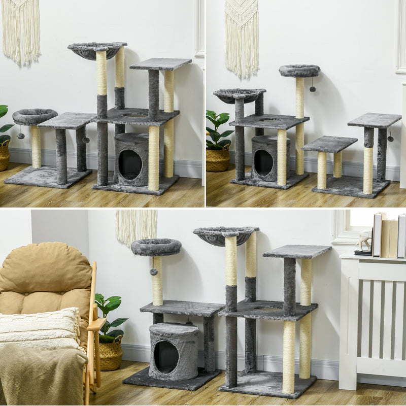 Arranhador para Gatos Grande 144 cm Torre para Gatos com Poste de Arranhar de Sisal Cama Caverna Plataformas e Bolas Suspensas 49x49x144 cm Cinza