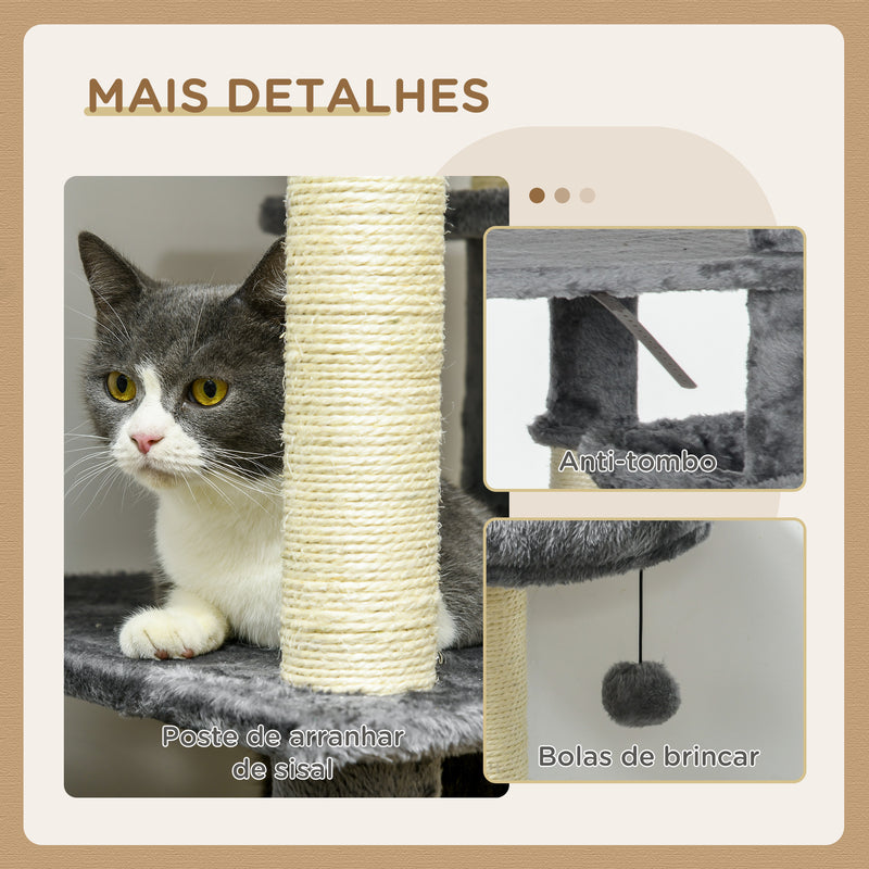 Arranhador para Gatos Grande 144 cm Torre para Gatos com Poste de Arranhar de Sisal Cama Caverna Plataformas e Bolas Suspensas 49x49x144 cm Cinza