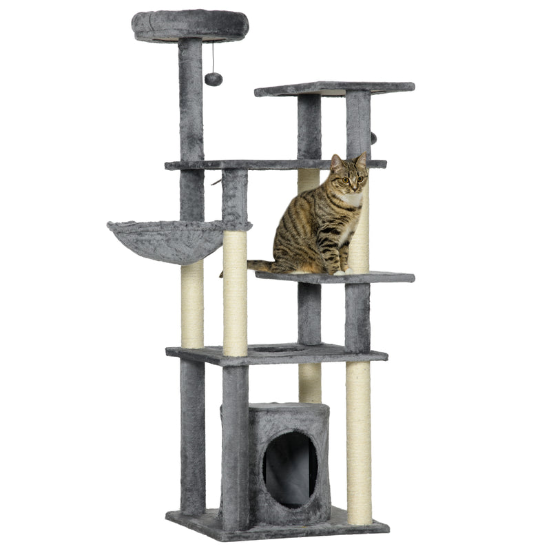 Arranhador para Gatos Grande 144 cm Torre para Gatos com Poste de Arranhar de Sisal Cama Caverna Plataformas e Bolas Suspensas 49x49x144 cm Cinza