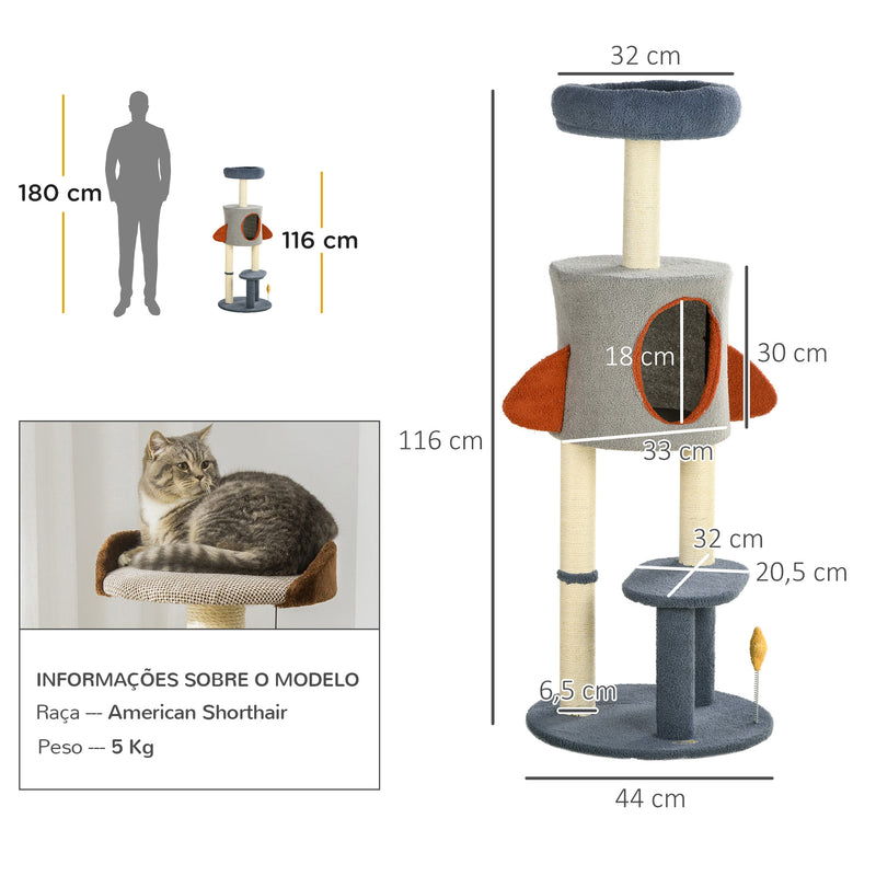 Arranhador para Gatos de 116 cm Tipo Foguete Torre para Gatos com Postes para Arranhar Cama Caverna e Brinquedo de Estrela Ø44x116 cm Azul