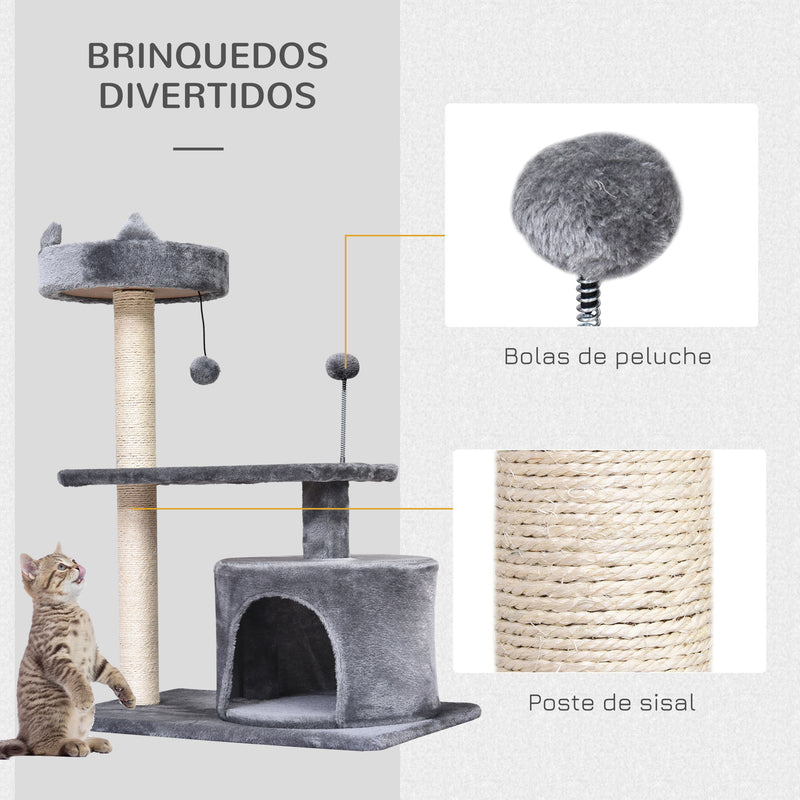 Arranhador para Gatos 81 cm Torre para Gatos Médios com Cama Plataforma Caverna Poste de Sisal e Bolas de Brinquedo 60x40x81 cm Cinza