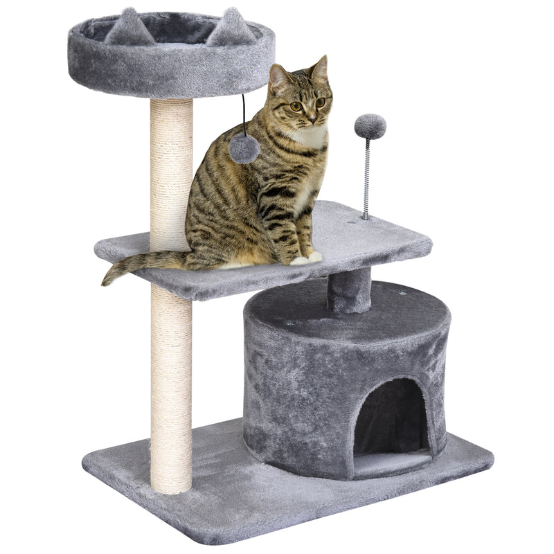 Arranhador para Gatos 81 cm Torre para Gatos Médios com Cama Plataforma Caverna Poste de Sisal e Bolas de Brinquedo 60x40x81 cm Cinza