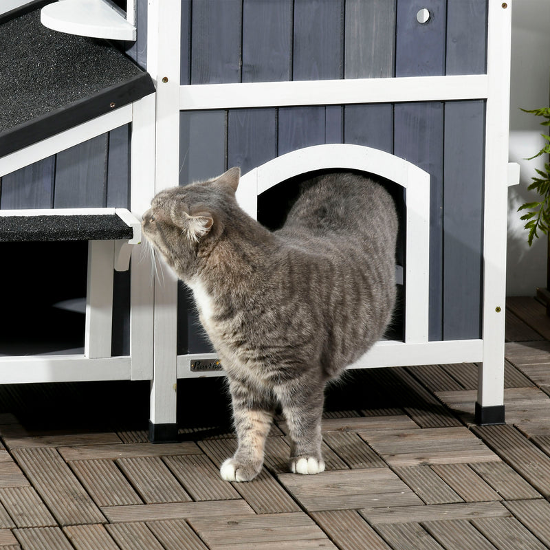 Casa para Gatos de Madeira com Suporte para Flores 96x65x85,5 cm Casa para Gatos de 2 Níveis com Teto Asfáltico Janela e Múltiplas Entradas Cinza