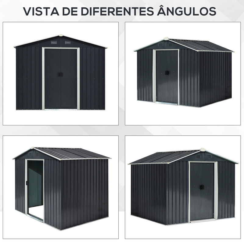 Abrigo de Jardim de 4,1 m² 236x174x190 cm Abrigo de Exterior para Armazenamento de Ferramentas com Portas de Correr e 4 Janelas de Ventilação para Pátio Cinza