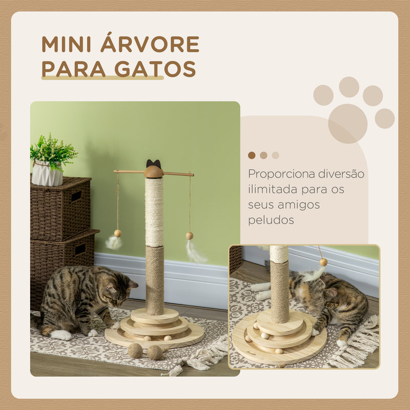 Árvore Arranhador para Gatos de Madeira Altura 56cm Torre para Gatos Centro de Atividades com Poste de Juta e Sisal Bolas para Brincar Ø32x56 cm Madeira