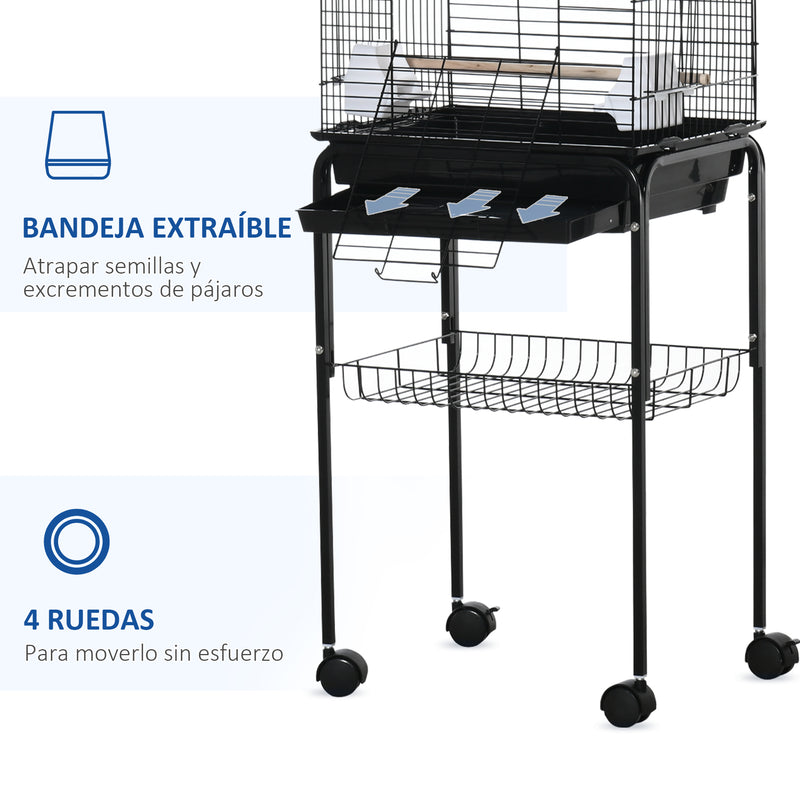 Gaiola para Passáros com Suporte Gaiola com 4 Rodas Teto com Abertura 2 Comedouros 3 Poleiros Bandeja Removível e Prateleira Inferior 46x36x130cm Preto