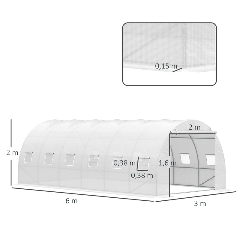 Estufa de Túnel 600x300x200cm com Porta Enrolável 12 Janelas Cobertura de PE 140g/m² e Metal Galvanizado para Cultivos de Plantas Verduras Branco