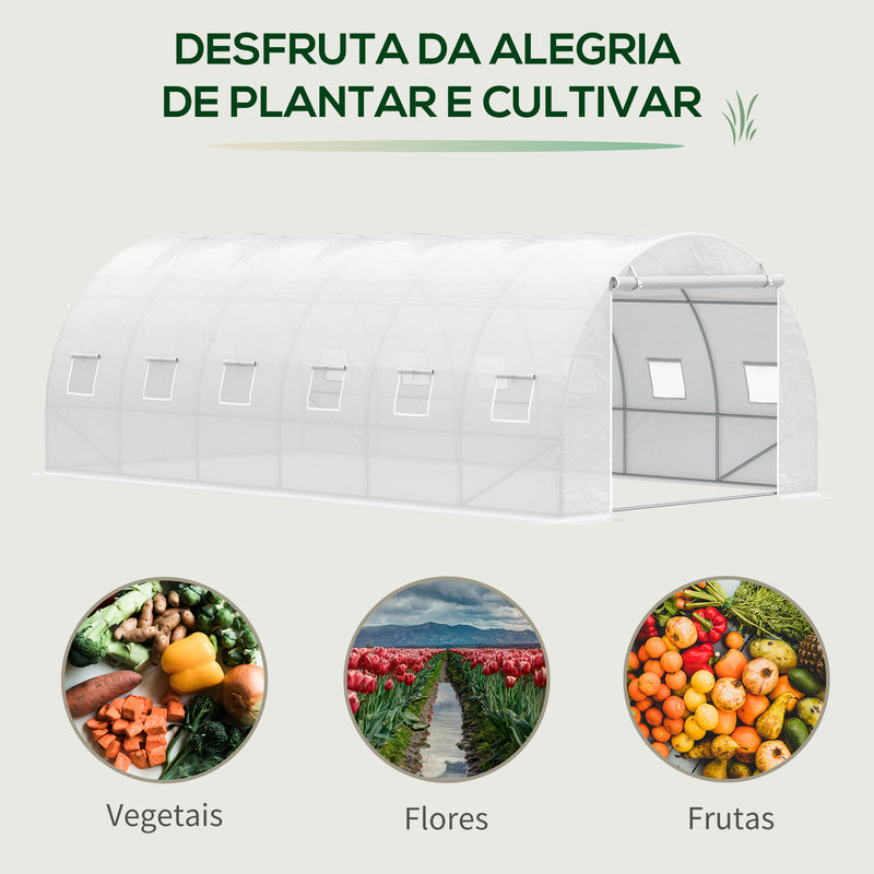 Estufa de Túnel 600x300x200cm com Porta Enrolável 12 Janelas Cobertura de PE 140g/m² e Metal Galvanizado para Cultivos de Plantas Verduras Branco