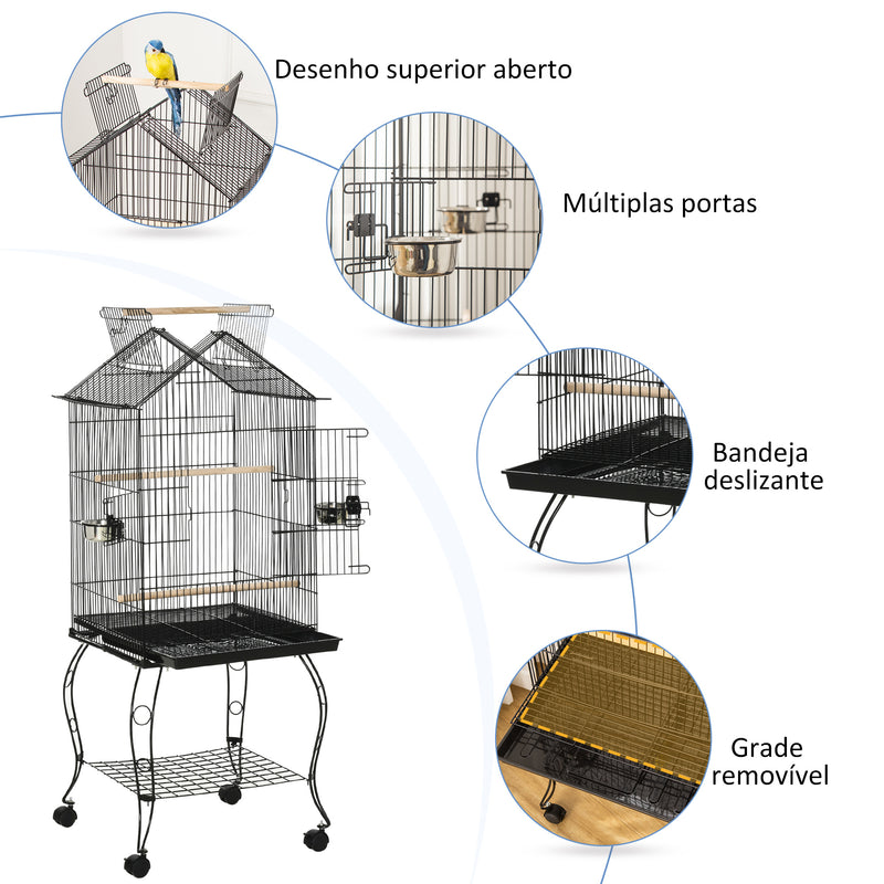 Gaiola para Pássaros com Suporte Rodas Bandeja Amovível 2 Comedouros e Prateleira Inferior de Metal para Canários Periquitos Tentilhões 50x58x145 cm Preto