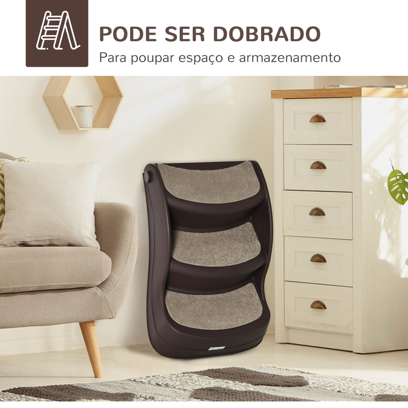 Escada para Cães de 3 Degraus Dobrável Escada de Plástico para Animais de Estimação com Tapetes Antiderrapantes para Cama Sofá Carga 15kg 49x38x38 cm Marrom