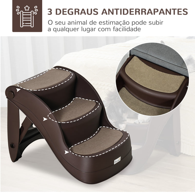 Escada para Cães de 3 Degraus Dobrável Escada de Plástico para Animais de Estimação com Tapetes Antiderrapantes para Cama Sofá Carga 15kg 49x38x38 cm Marrom