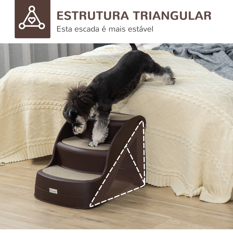 Escada para Cães de 3 Degraus Dobrável Escada de Plástico para Animais de Estimação com Tapetes Antiderrapantes para Cama Sofá Carga 15kg 49x38x38 cm Marrom