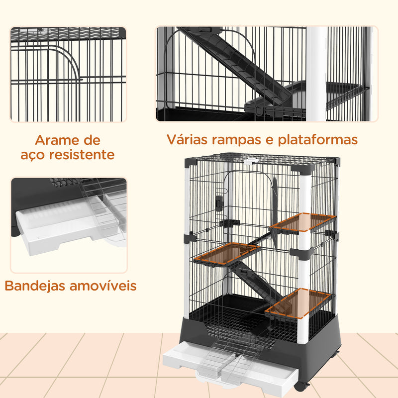 Gaiola para Animais Pequenos com Rodas 114x75x50 cm Gaiola para Animais com 3 Plataformas 3 Rampas Bandejas Amovíveis para Furão Coelhos Preto