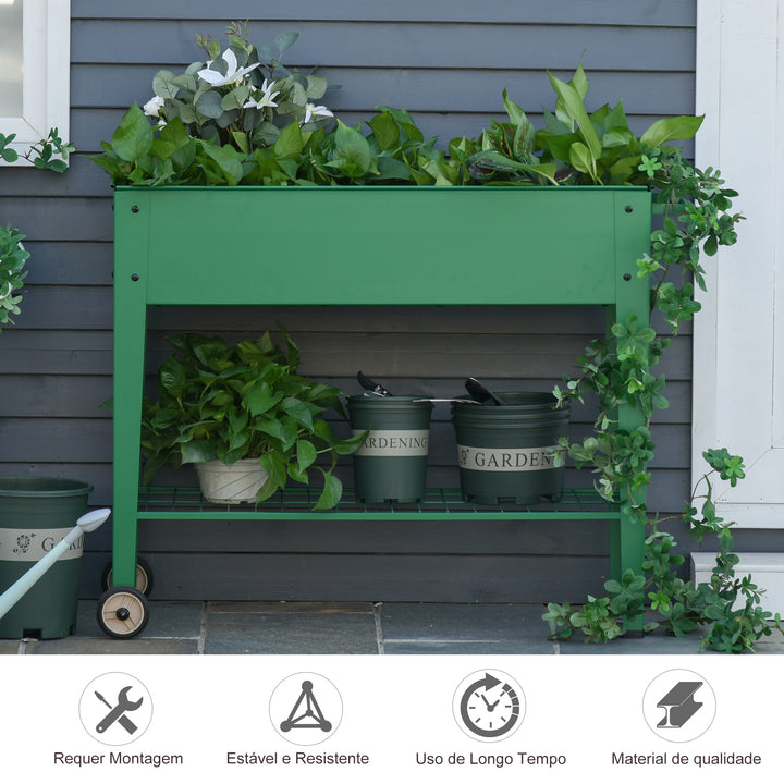 Horta Vertical Elevada de Metal Horta Vertical com Rodas Alça Lateral e Prateleira Inferior para Cultivo de Plantas Flores 104x39x80cm Verde