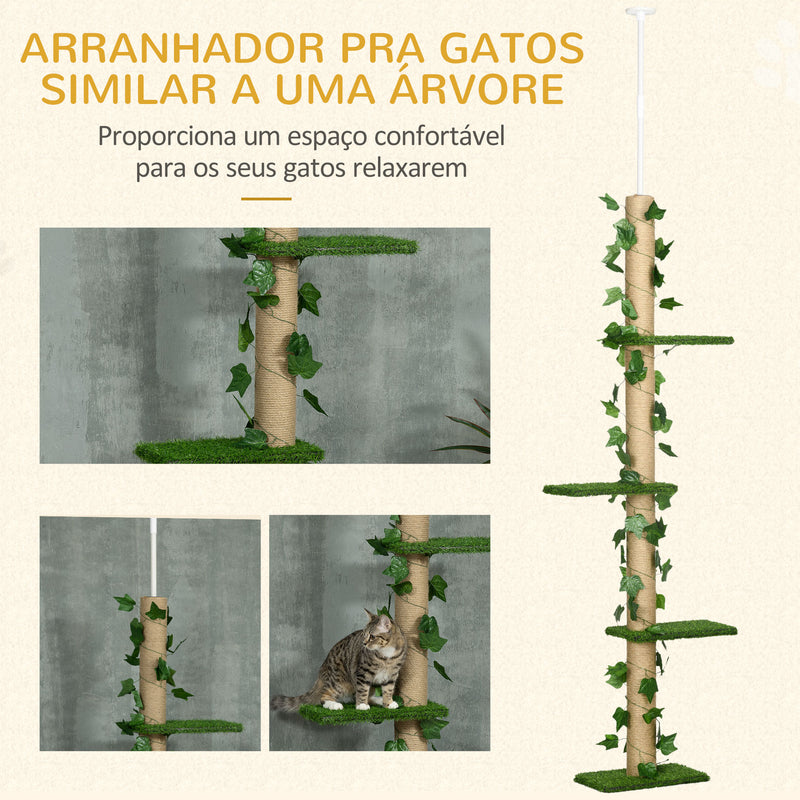 Árvore para Gatos do Chão ao Teto 37x21x202-242 cm Torre Arranhador para Gatos com Altura Ajustável 4 Plataformas de Relva Artificial Folhas Artificiais e Poste de Juta Verde