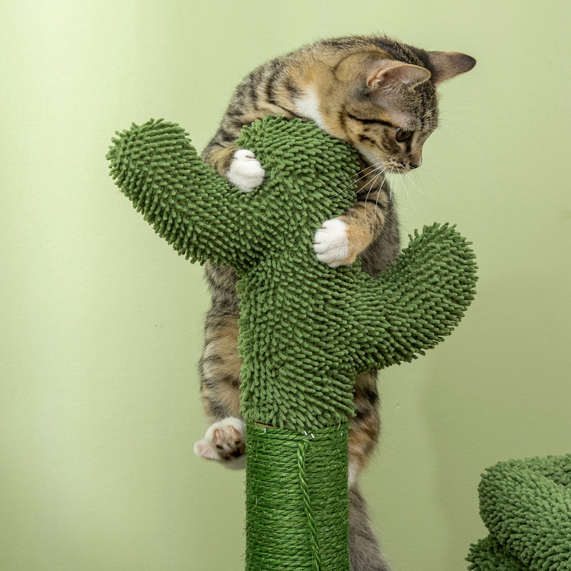 Árvore Arranhador para Gatos Desenho de Cacto Altura 83cm Torre para Gatos com Cama Casa de Pelúcia Poste de Sisal e Bola Suspensa 68x30x67cm Verde