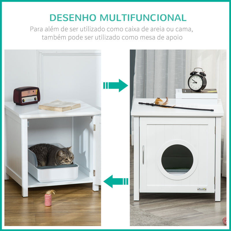 Casa para Gatos de Madeira Móvel para Caixa de Areia para Gatos 2 em 1 com Armário de Armazenamento Bancada Ampla Porta com Orifício de Entrada 51,5x48,2x51cm Branco