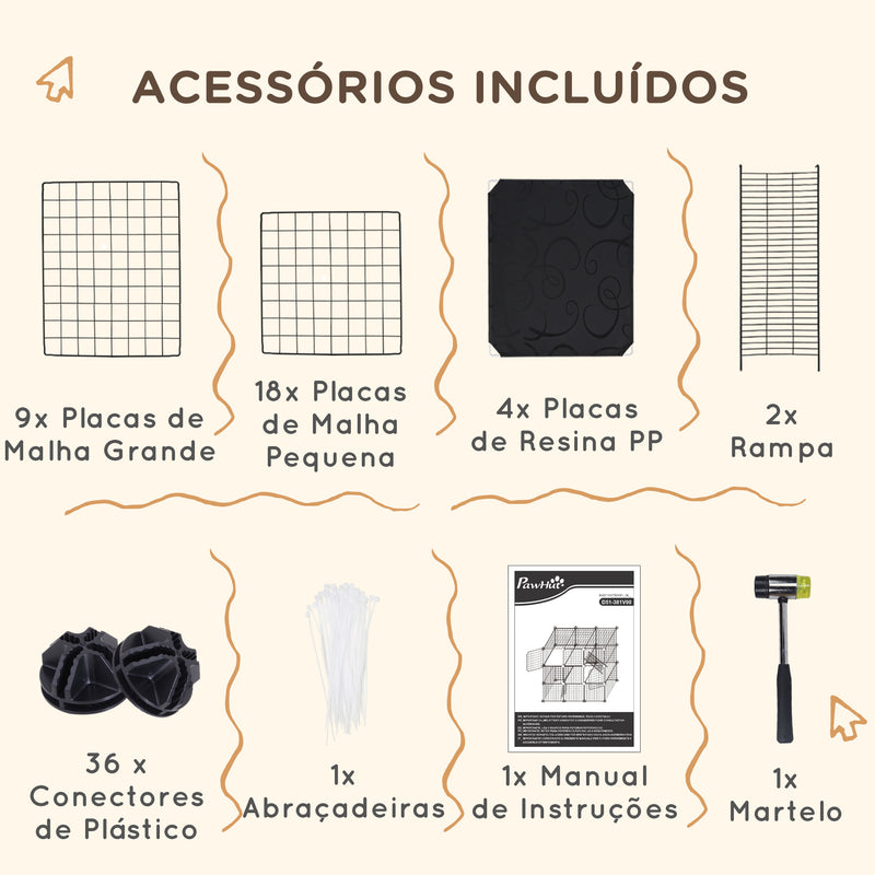 Recinto para Animais Pequenos com 31 Painéis Recinto para Animais de Estimação Personalizável com Rampa Portas para Cobaias Coelhos Chinchilas 105x45x105 cm Preto