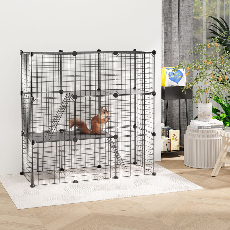 Recinto para Animais Pequenos com 31 Painéis Recinto para Animais de Estimação Personalizável com Rampa Portas para Cobaias Coelhos Chinchilas 105x45x105 cm Preto