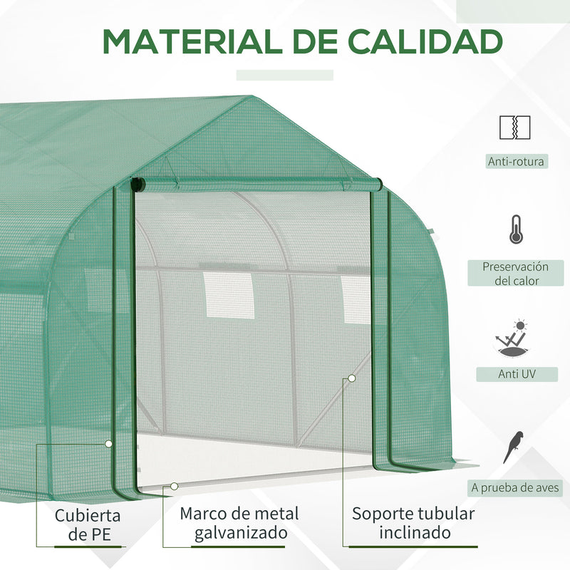 Estufa de Túnel 3,5x3x2m Estufa de Jardim com Porta e 6 Janelas Enroláveis de Polietileno Metal Galvanizado para Cultivos de Plantas Flores Verde