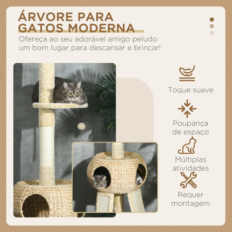 Arranhador para Gatos do Chão ao Teto de 225-255 cm Torre para Gatos com Altura Ajustável Caverna Plataformas Rede Postes de Arranhar Rampas e Bolas Suspensas Ø48x225-255 cm Bege