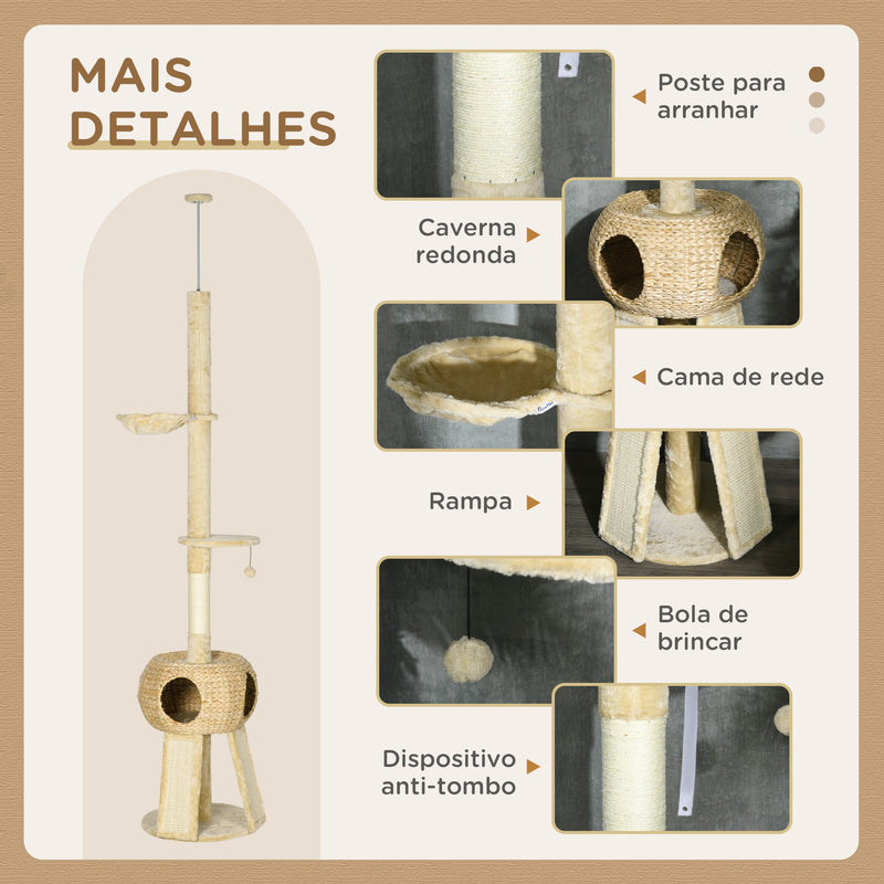 Arranhador para Gatos do Chão ao Teto de 225-255 cm Torre para Gatos com Altura Ajustável Caverna Plataformas Rede Postes de Arranhar Rampas e Bolas Suspensas Ø48x225-255 cm Bege