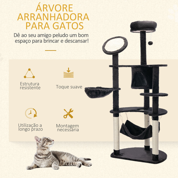 Árvore Arranhador para Gatos Grande Altura 153cm Torre de Escalada para Gatos com Caverna Redes Plataformas Postes Arranhadores de Sisal e Bola Suspensa Cinza Escuro