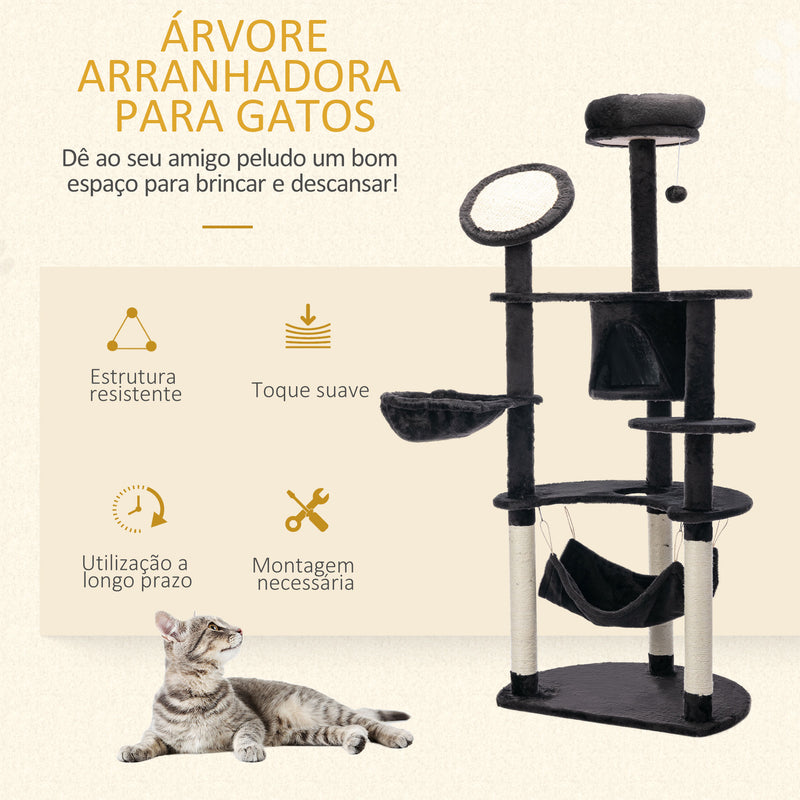 Árvore Arranhador para Gatos Grande Altura 153cm Torre de Escalada para Gatos com Caverna Redes Plataformas Postes Arranhadores de Sisal e Bola Suspensa Cinza Escuro