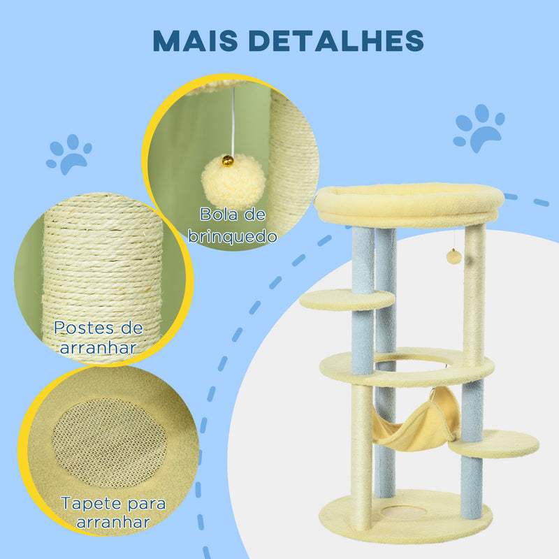 Arranhador para Gatos Médio 110 cm Torre para Gatos Centro de Atividades para Gatos com Rede Poste de Sisal e Bola Suspensa Ø58x110 cm Amarelo e Azul