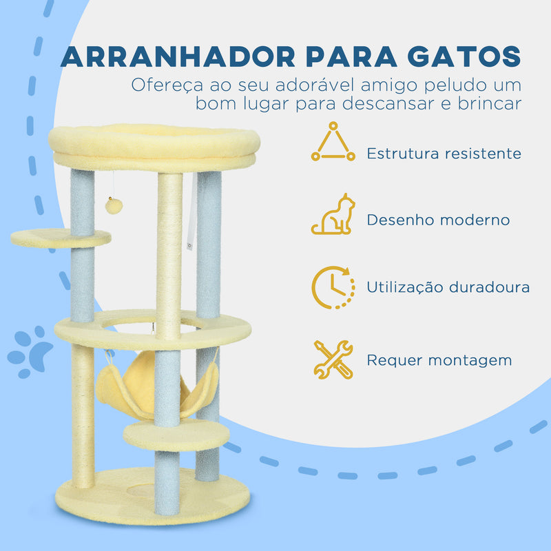 Arranhador para Gatos Médio 110 cm Torre para Gatos Centro de Atividades para Gatos com Rede Poste de Sisal e Bola Suspensa Ø58x110 cm Amarelo e Azul