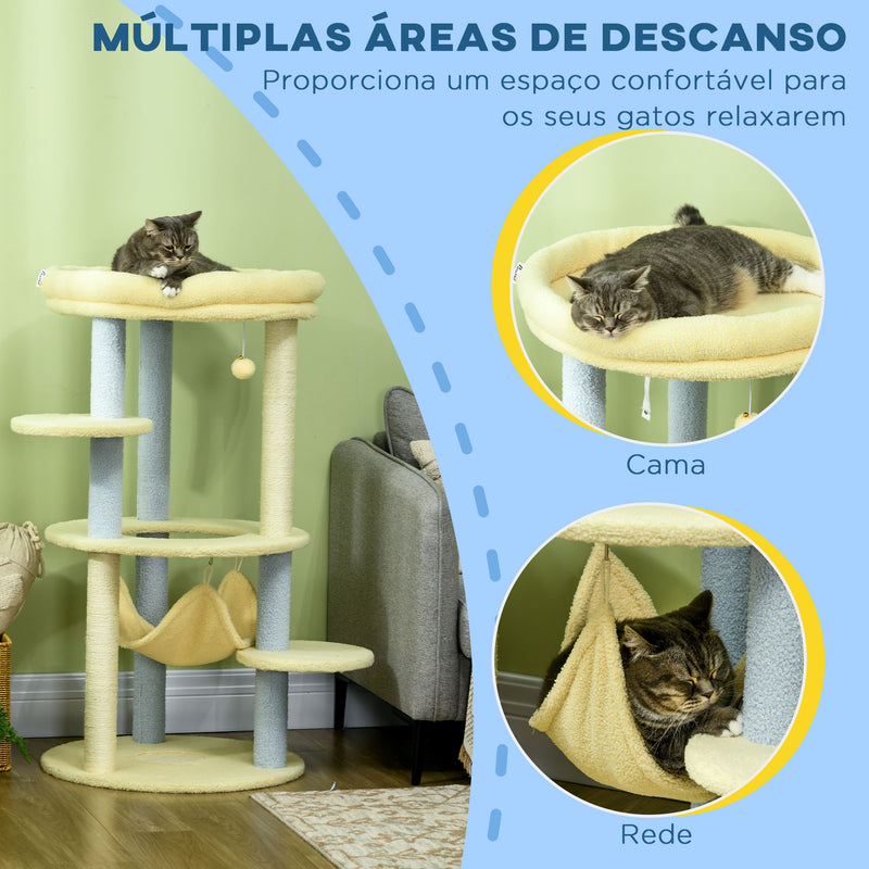 Arranhador para Gatos Médio 110 cm Torre para Gatos Centro de Atividades para Gatos com Rede Poste de Sisal e Bola Suspensa Ø58x110 cm Amarelo e Azul