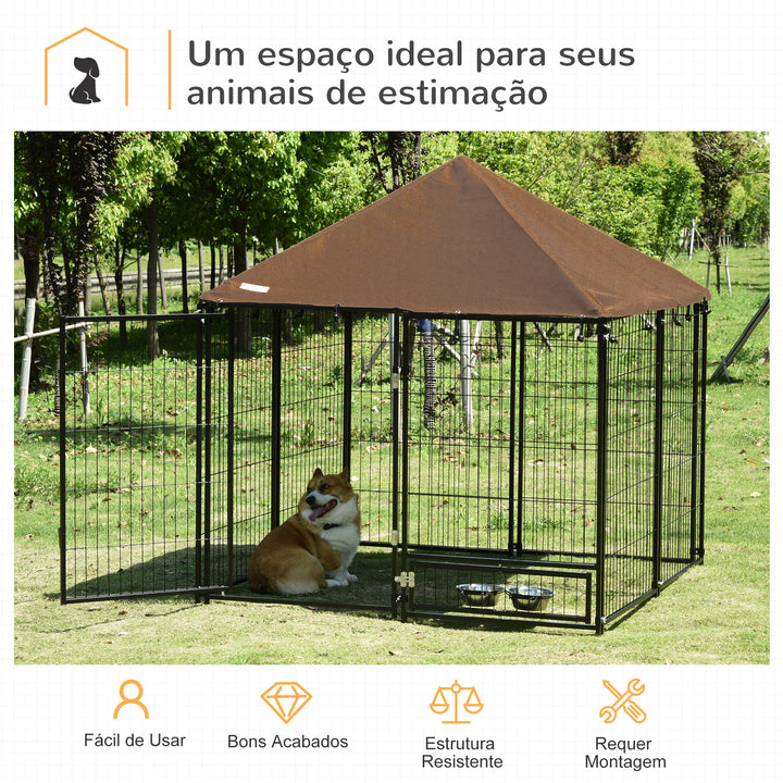 Parque para Cães com Toldo Suporte Giratório 2 Tigelas Incluídas para jardim 141x141x121cm Preto Marrom