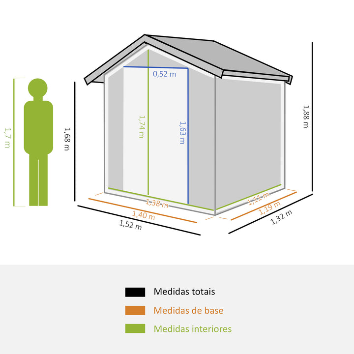 Abrigo de Jardim de 2m² 152x132x188cm Abrigo de Exterior de Aço Galvanizado com Porta Corredeira e Ventilações para Armazenamento de Ferramentas Cinza