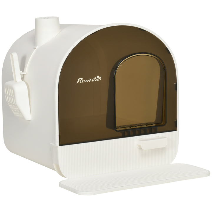 Caixa de Areia para Gatos Caixa de Areia Fechada para Gatos com Porta Dianteira Bandeja Removível Pá Tapete e Filtro 43x44x47cm Branco