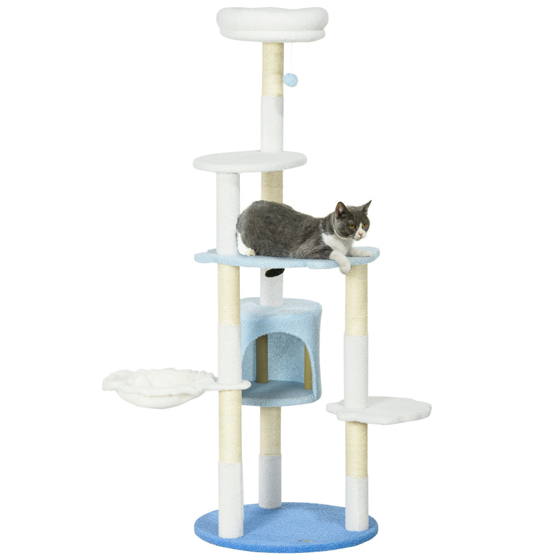 Arranhador para Gatos Grande de 155 cm Torre para Gatos com Postes de Sisal Caverna Cama Rede e Bola de Brinquedo Ø54,5x155 cm Branco e Azul