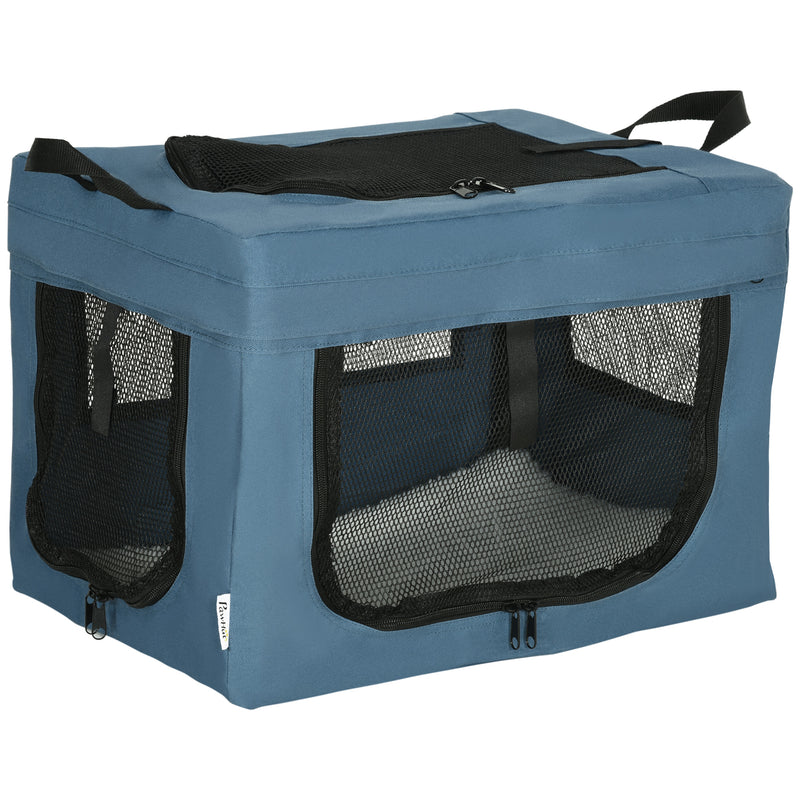 Transportadora para Cães e Gatos Bolsa Portátil e Dobrável para Animais de Estimação Transportadora com 3 Portas e Almofada Suave 48,5x34x34 cm Azul