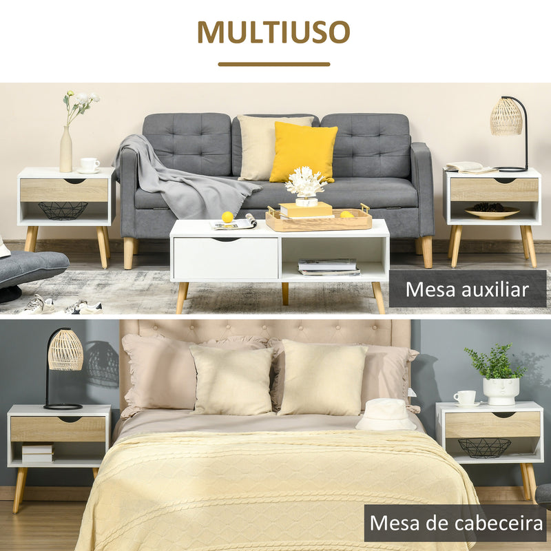 Conjunto de 2 Mesas de Cabeceira Mesa Auxiliar com 1 Gaveta e Prateleira de Armazenamento para Dormitório Sala de Estar Escritório Estilo Moderno 50x39x51cm Branco e Carvalho