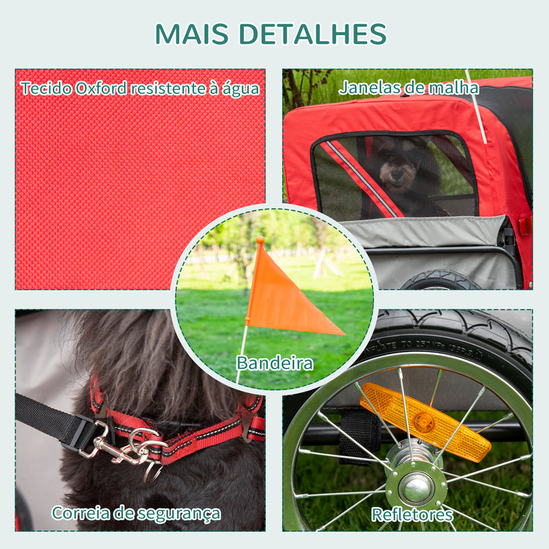 Reboque de Bicicleta para Cães 2 em 1 Carrinho para Animais de Estimação com Cinto de Segurança Guiador de Empurre Removível Bandeira e Refletores Carga Máxima 10kg 129x55,5x92cm Vermelho