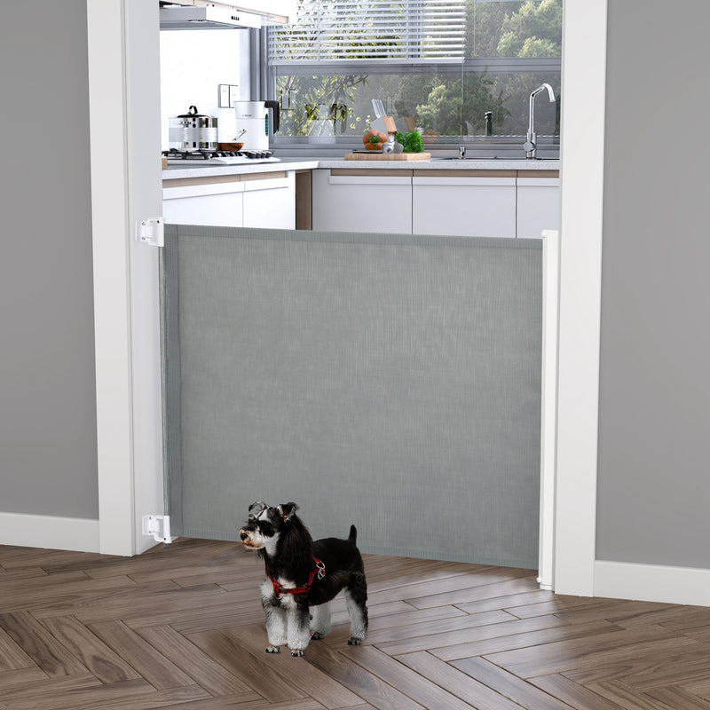 Barreira de Segurança para Cães e Crianças Extensível Grade Retrátil para Animais de Estimação com Extensão Aço e Tecido de Textilene para Escadas e Portas 5,5-115x5,5x82,5cm Cinza