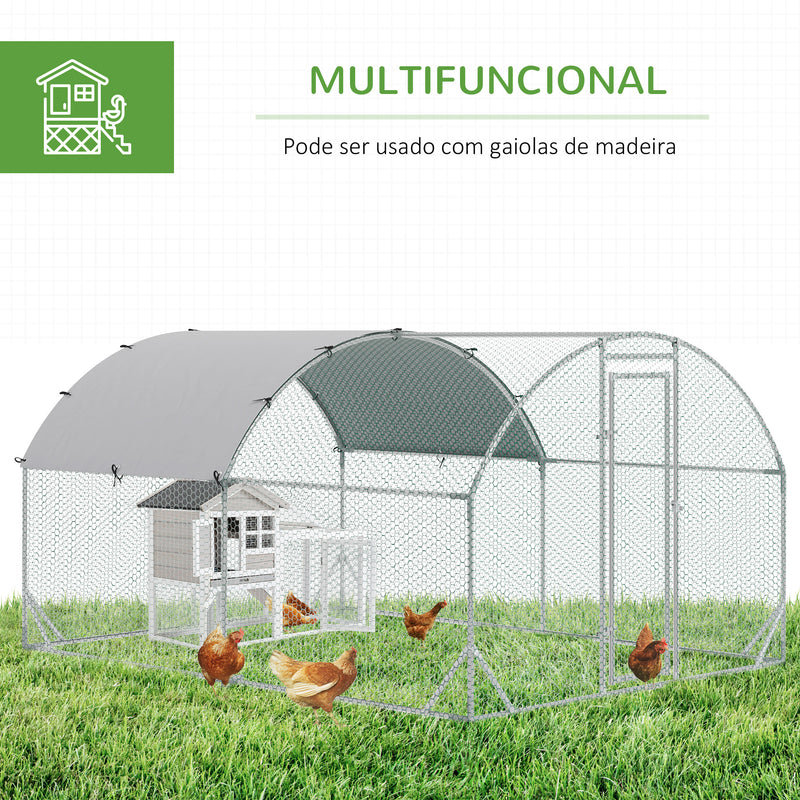 Galinheiro para Exterior Grande 2,8x3,8x1,97m Galinheiro para 6-12 Galinhas de Aço Galvanizado com Teto de Tecido Oxford para Coelhos Aves Prata