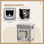 Cama Caverna para Gatos 2 em 1 Casa para Gatos Interior Tipo Apoio para os Pés com Almofada Amovível Bola Suspensa e Almofada para Arranhar 35,5x35,5x42,5 cm Cinza