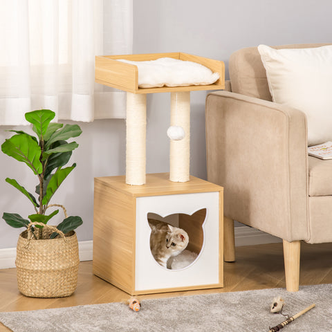 Árvore para Gatos de 2 Níveis com Caverna Superior Postes Arranhadores de Sisal Natural Almofadas Laváveis e Bola de Brinquedo 35x35x81cm Carvalho