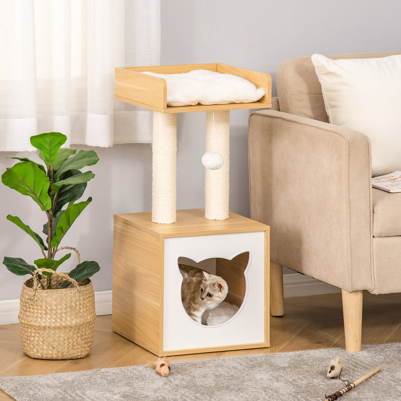 Árvore para Gatos de 2 Níveis com Caverna Superior Postes Arranhadores de Sisal Natural Almofadas Laváveis e Bola de Brinquedo 35x35x81cm Carvalho