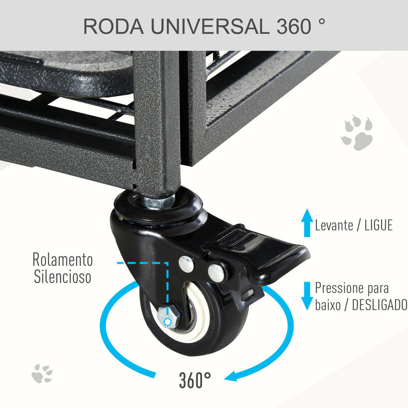 Gaiola dobrável de metal com rodas e freios Bandeja removível e porta com travas125x76x81 cm Cinza escuro